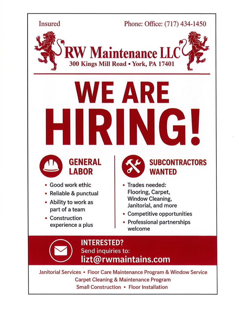 RW_Maintenance_Hiring_Flyer RW Maintenance hiring flyer for general labor and subcontractor opportunities